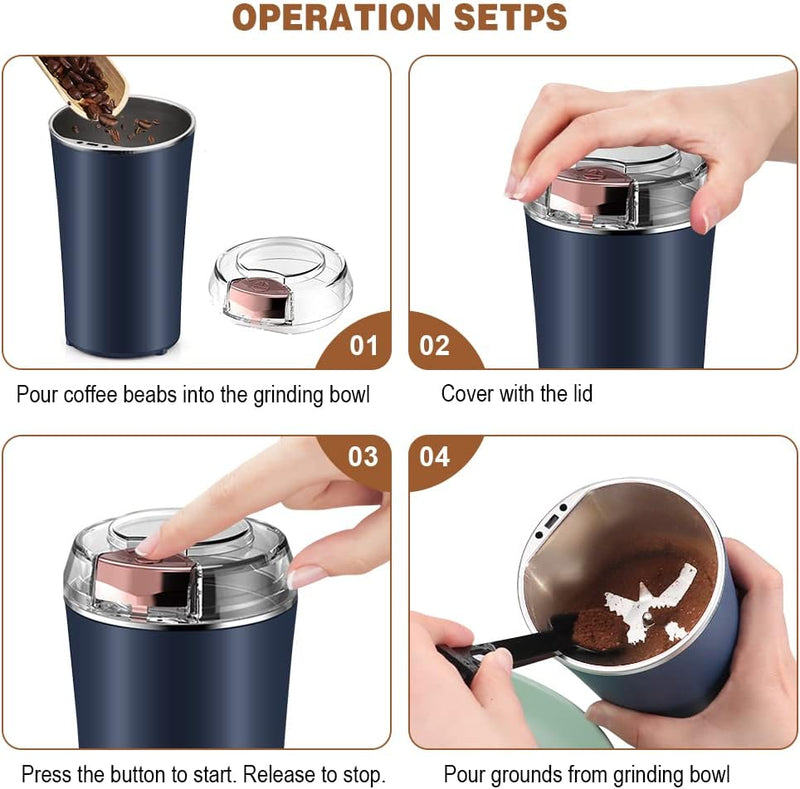 Finphoon Coffee Grinder Electric, Spice Grinder, Coffee Bean Herb Grinder with Integrated Brush Spoon, One-touch Push-Button Stainless Steel Grinding for Herb Peanut Grains Beans(Blue)