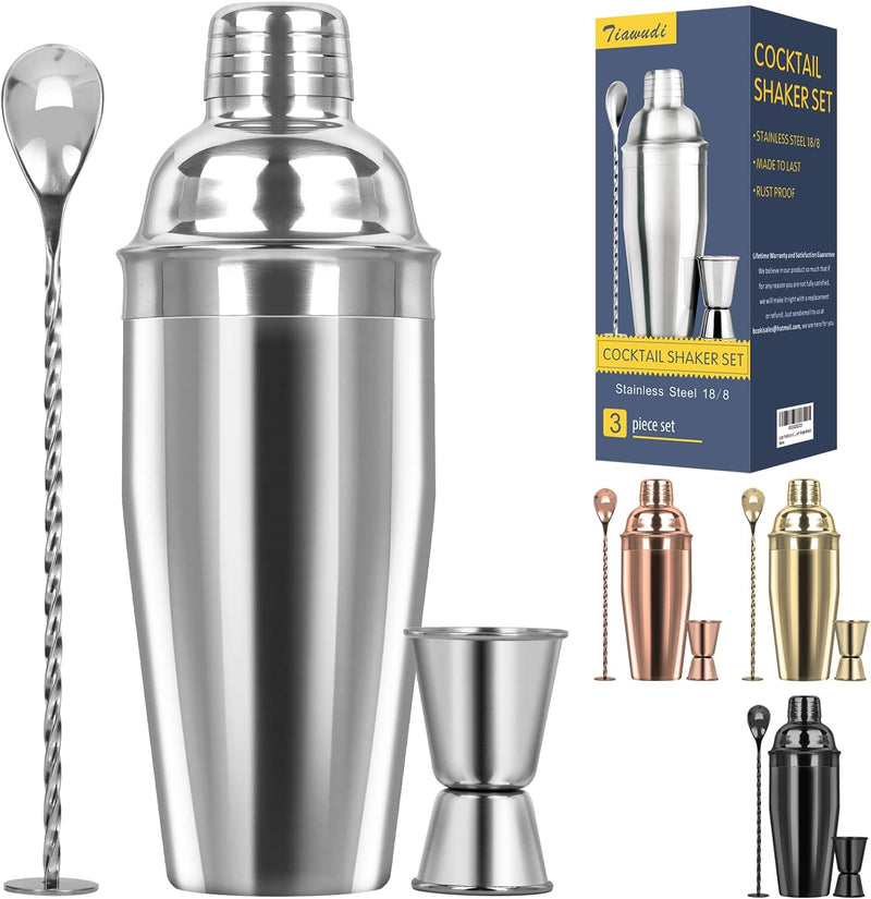 Large 24oz Cocktail Shaker Set, Stainless Steel 18/8 Martini Mixer Shaker with Built-in Strainer, Measuring Jigger & Mixing Spoon, Professional Martini Shaker Set, Perfect for Bartender and Home Use