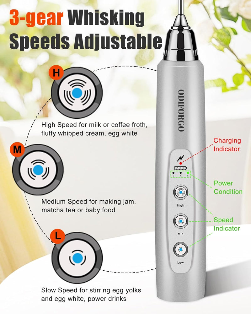 ODIFORGO Rechargeable Milk Frother Handheld, Electric Drink Mixer with 3 Stainless Whisks 3 Speed Adjustable, Coffee Foam Maker, Electric Whisk, Coffee Frother Wand for Latte Matcha Protein Powder