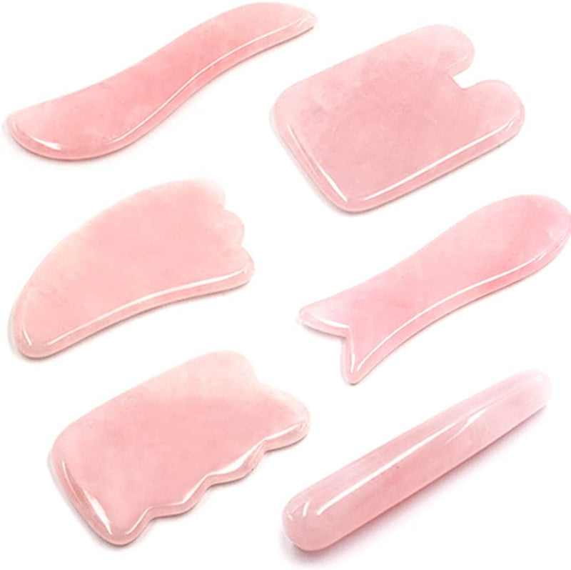 Domika Multi-Shape Handmade Rose Quartz Gua Sha GuaSha Scraping Massage Tool Stone,Massage Stick,Set of 6 (Rose Quartz)