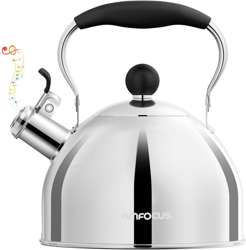 Tea Kettle Whistling Teapot for Stovetop - 2.64 Quart Food Grade Stainless Steel Tea Pot for Stove Top with Wood Pattern Handle, Loud Whistle Kettle for Tea, Coffee, Milk - Black