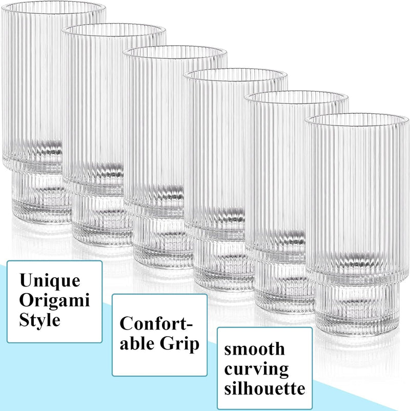 DEAYOU 6 Pack Ribbed Drinking Glass, 10 OZ Vintage Highball Glass Cup, Stackable Clear Glassware, Crystal Thick Collins Tumbler with Heavy Base for Cocktail, Water, Hot or Cold Drink, Origami Style