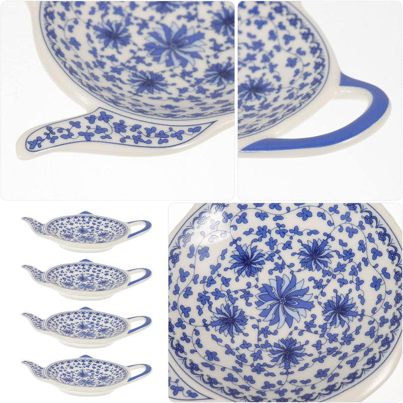 Ipetboom Soy Sauce Dish 4pcs Tea Bag Coasters Blue and White Porcelain Tea Bag Holder Ceramic Saucer Seasoning Dish Snack Plate Spoon Rests Bracket for Sauce Dessert Appetizer Party