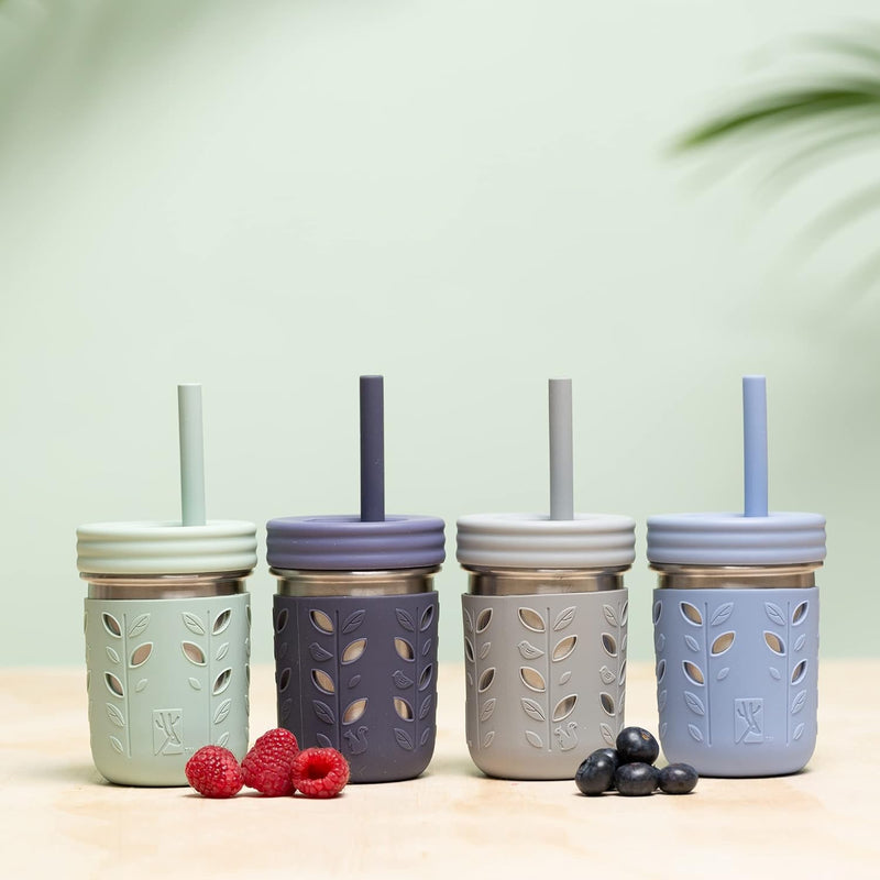 Elk and Friends Stainless Steel Cups | Mason Jar 10oz | Kids & Toddler Cups with Silicone Sleeves & Straws with Stopper | Spill proof Smoothie Cups