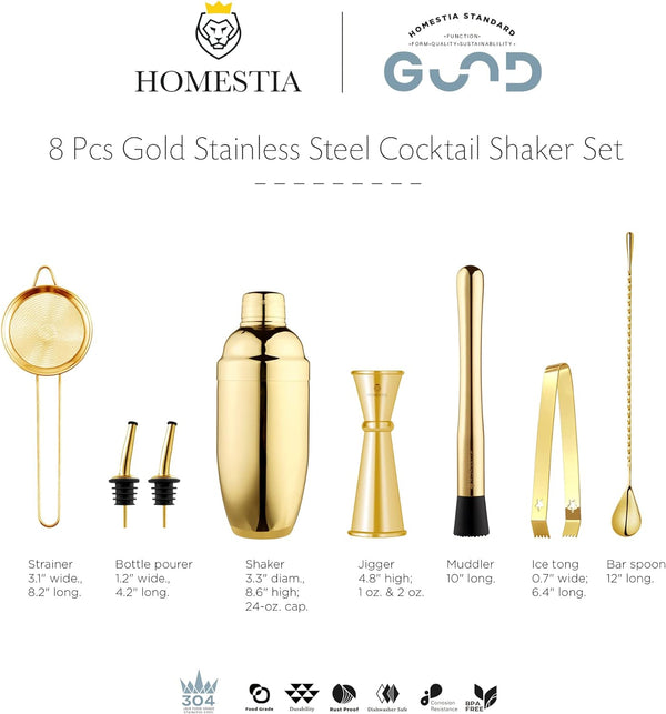 Homestia Cocktail Shaker Set Stainless Steel Gold Martini Shaker Set, 24oz Drink Shakers Cocktail Set Shakers Bartending Drink Mixer Kit, 8 Pcs Margarita Kit Cocktail Mixer Set Bar Kits for Bartender