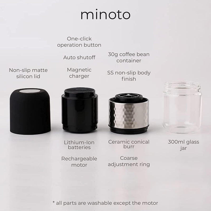 Minoto Electric Ceramic Conical Burr Coffee Grinder - 5 Adjustable Grind Settings - Whole Bean Mill for Aeropress, Drip Coffee, Espresso, French Press, Cold Brew - Portable & Travel Friendly