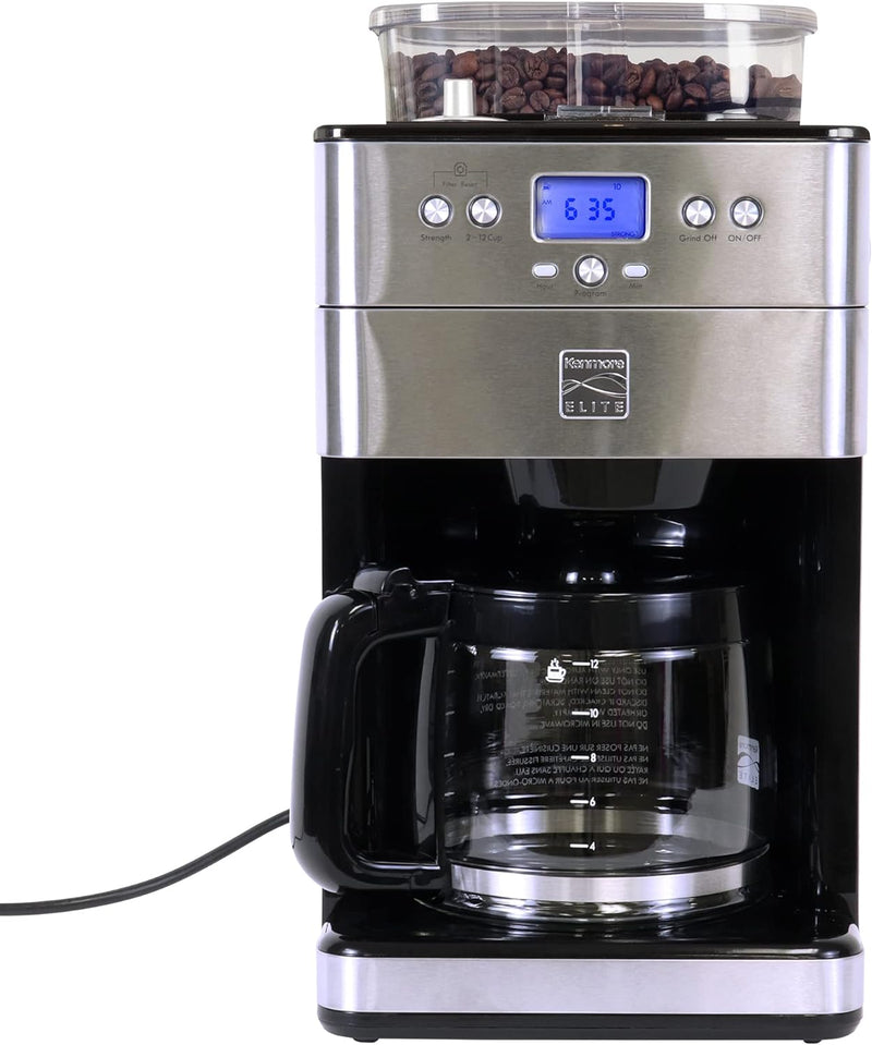 Kenmore Elite Grind and Brew Coffee Maker w/ Burr Grinder, 12 Cup Programmable Automatic Timer Brew Coffee Machine, Air-Tight Bean Hopper, Grind Size and Brew Strength Selectors, Stainless Steel