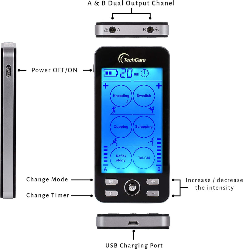 Tens Unit TechCare Plus 24 Massager Muscle Stimulator Device Machine Pulse Massager with Protective Cover Case Sciatica Plantar Fasciitis Tennis Elbow Back Shoulder Neck