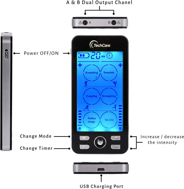 TechCare Plus 24 Modes Tens Unit Massager Rechargeable Unit Electric Complete Set + Massage Belt + Reflexology Shoes Back Neck Pain