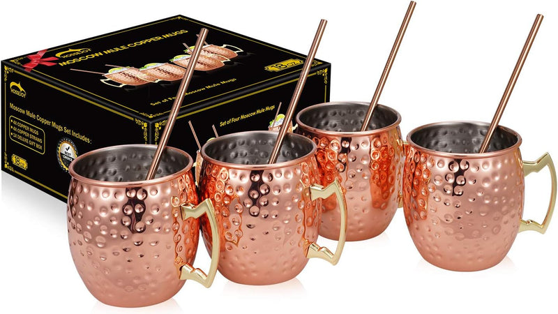 Hossejoy Moscow Mule Copper Mugs - Set of 4-100% Handcrafted Solid Copper Mugs, 16 oz Copper Cups with 4 Cocktail Copper Straws