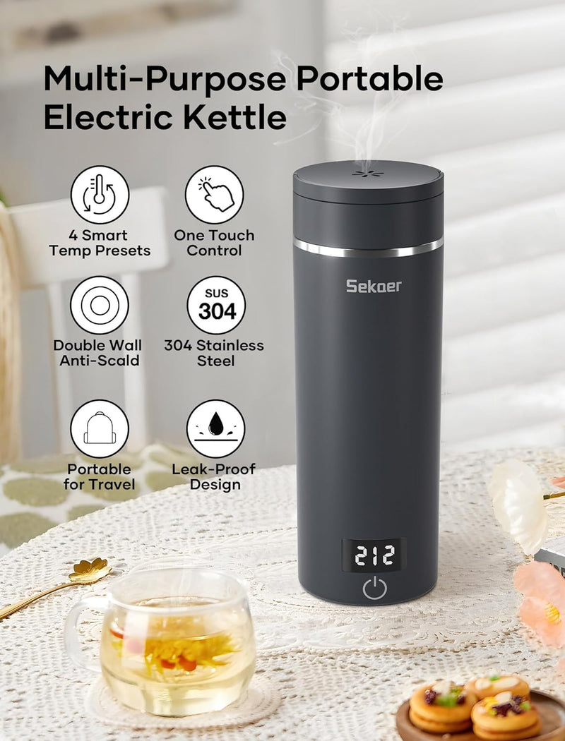 Sekaer Travel Portable Electric Kettle, Small Tea Kettle Coffee Mini Hot Water Boiler, 400mL & 304 Stainless Steel, with 4 Variable Presets and Auto Shut-Off SKE-840G