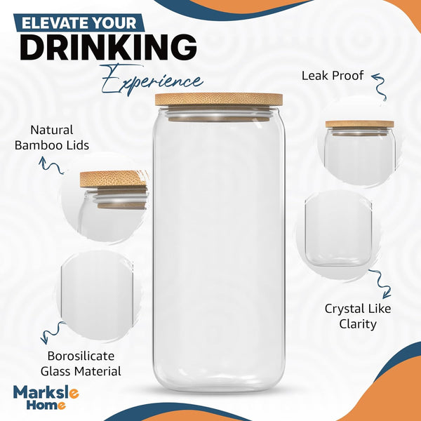 Marksle Home Glass Cups With Lids And Straws - 16oz Iced Coffee Cup 4pcs Set - Glass Iced Coffee Cups with Lids – Glass Tumbler with Straw and Lid - Glass Cups Set - Vasos De Vidrio