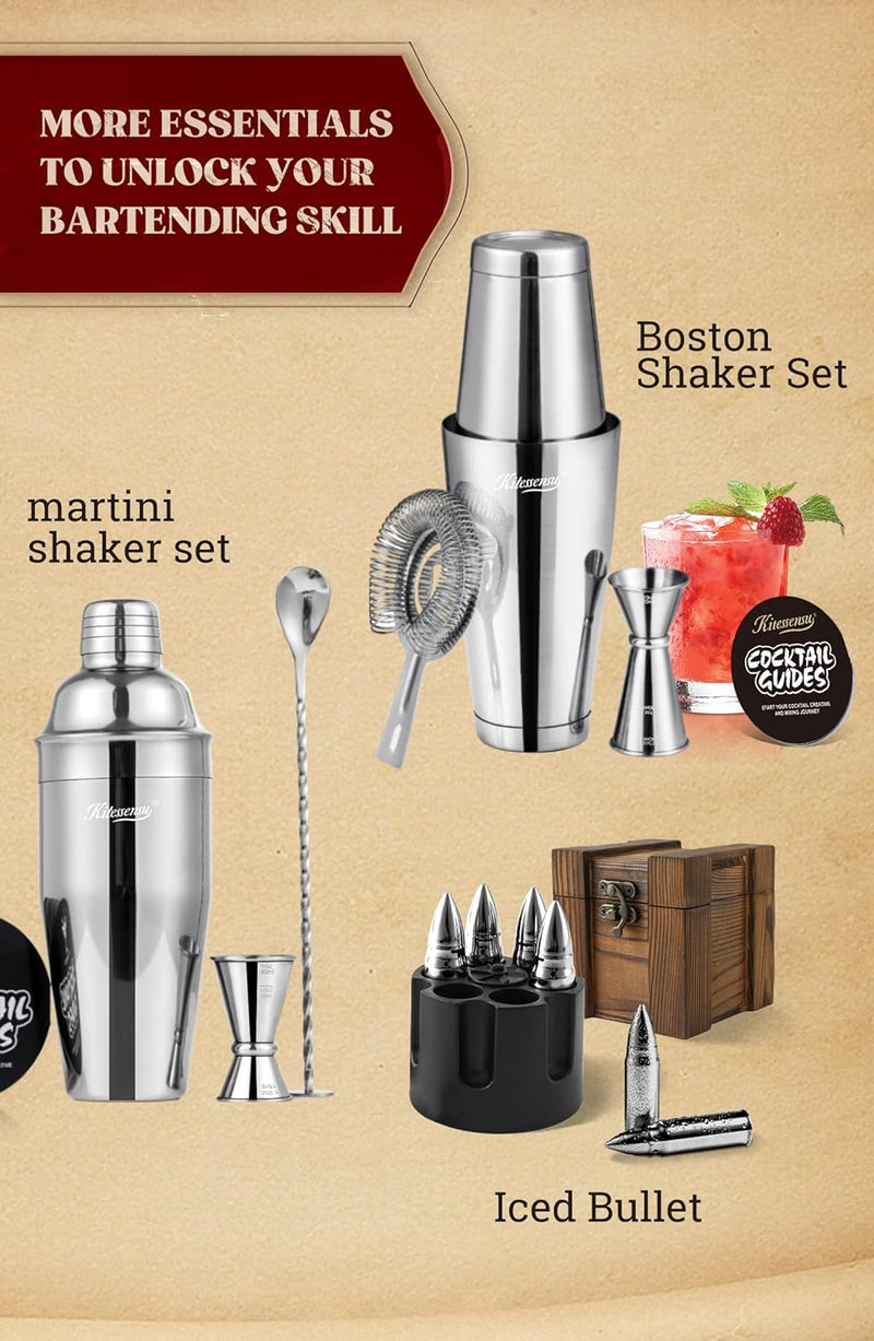 KITESSENSU Boston Cocktail Shaker Set, 4-Piece Boston Shaker Tins Bartender Kit with 18oz & 28oz Mixed Drink Shaker, Hawthorne Strainer, Double Measuring Jigger, Cocktail Recipe Cards Included