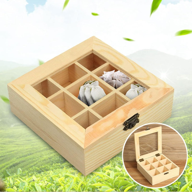9 Compartments Rustic Tea Storage Box,Wooden Tea Organizer,Tea Bag Organizer Wooden Storage Box, Creamers, Sugar, Coffee Pods, Instant Coffee Packets