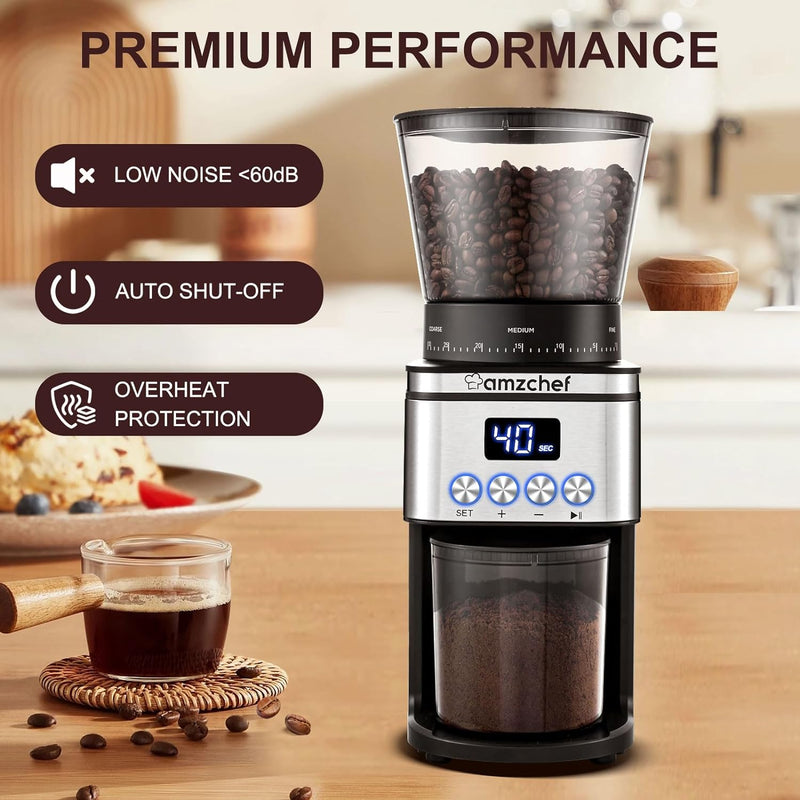 Burr Coffee Grinder, AMZCHEF Electric Coffee Bean Grinder with 30 Precise Settings, Anti-Static Espresso Coffee Grinder, Adjustable Burr Grinder for 1-14 Cups or 1-56 Seconds