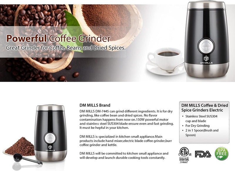 DR MILLS DM-7445 Coffee Grinder Electric Grinder Spice and Herb Grinder, Blade & cup made with SUS304 stianlees steel food grinders electric