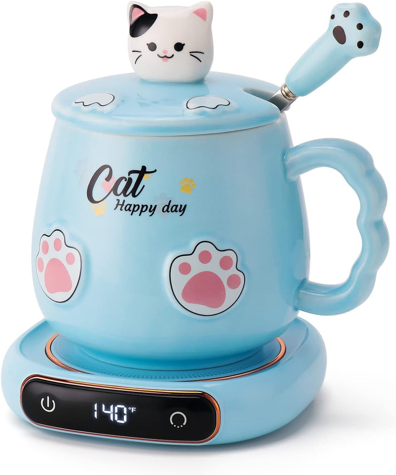Bgbg Coffee Mug Warmer & Cute Cat Mug Set, Beverage Cup Warmer for Desk Home Office with Three Temperature Up to 140℉/ 60℃, Coffee Warmer for Cocoa Milk Tea Water Candle, 8 Hours Auto Shut Off