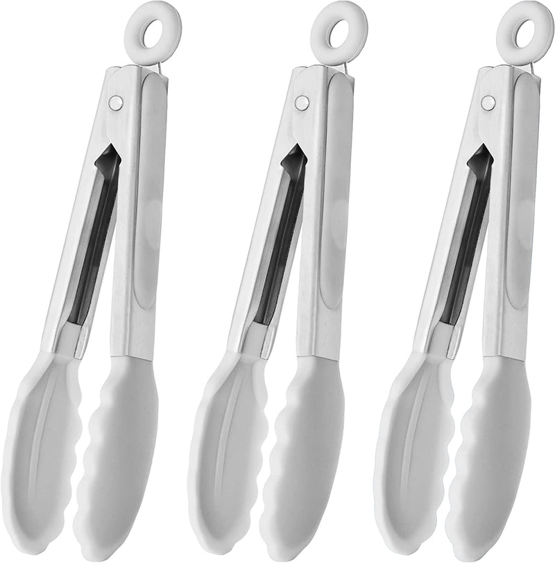 HINMAY Small Silicone Tongs 7-Inch Mini Serving Tongs, Set of 3 (Black Gray White)