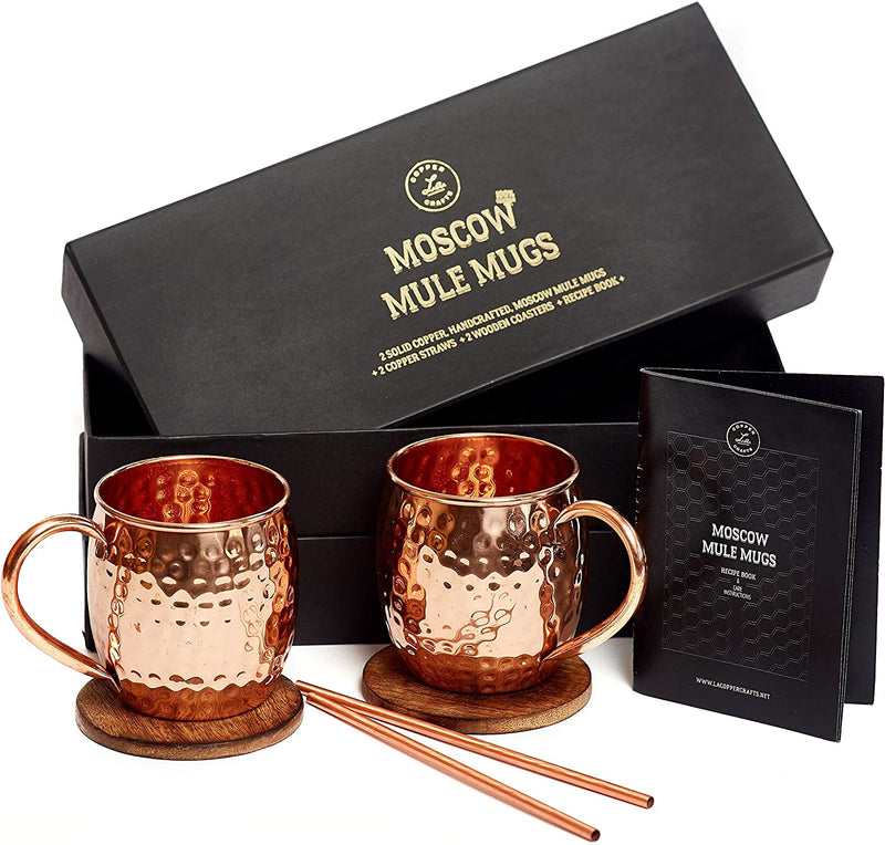 Moscow Mule Copper Mugs Set - 2 Authentic Handcrafted Copper Mugs (16 oz.), 2 Straws, 2 Solid Wood Coasters and Recipe Book - Gift Box Included