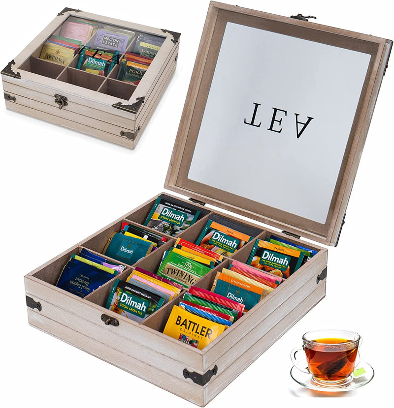 AHUONEL Tea Bag Organizer Wooden Tea Box for Tea Bags, Tea Organizer 9 Compartments Tea Chest Storage Box with Clear Lid, Tea Bag Holder Tea Caddy for Tea Coffee Sugar, Home Kitchen Office, White