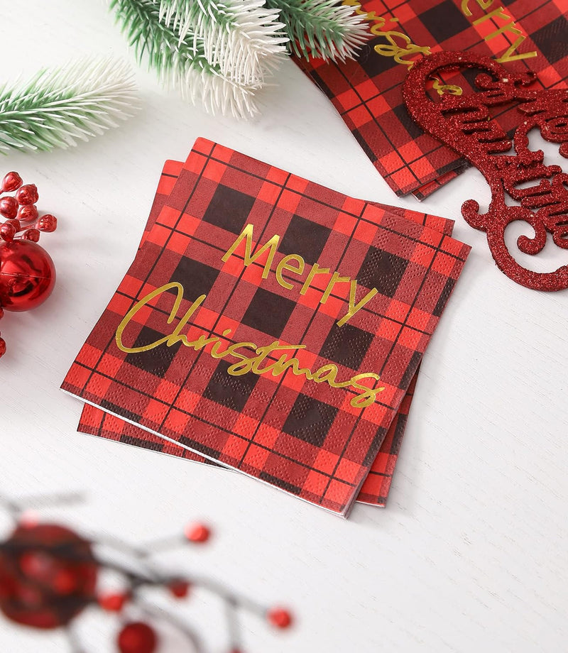 Buffalo Plaid Christmas Napkins Paper - 50 PK - Gold 3-ply Christmas Cocktail Napkins 5x5 Inches Party Napkins Disposable Beverage Napkins for Christimas Decorations Christmas Table Décor