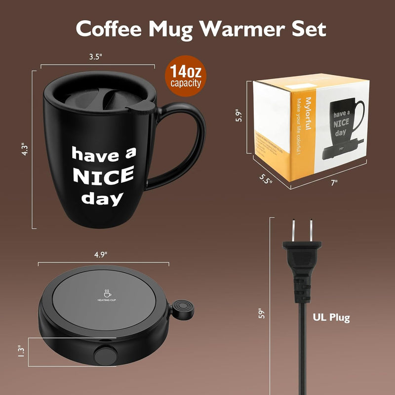 Coffee Mug Warmer with Mug Set, 60W Coffee Cup Warmer for Desk Home Office Use with 4-Temperature Settings, Auto On/Off Gravity-Induction, 14Oz Mug, Great Coffee Gift on Christmas/Birthday