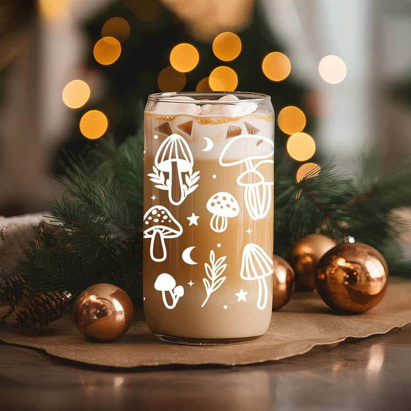 GSPY Mushroom Cup, Mushroom Gifts, Mushroom Glass Coffee Cup with Lid & Straw, Cute Mushroom Stuff, Cute Cups Aesthetic Mushroom Mug Tumbler - Mushroom Gift, Christmas Drinking Gifts for Women