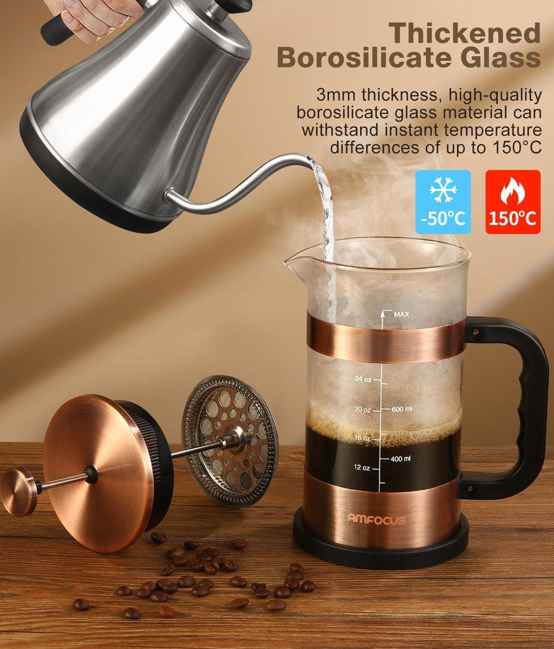 French Press Coffee Maker - 34 Ounce Classice Stainless Steel Coffee Press with 4-Level Filtration System, Heat Resistant Thickness Borosilicate Glass French Press Coffee Pot for Camping Travel Gift