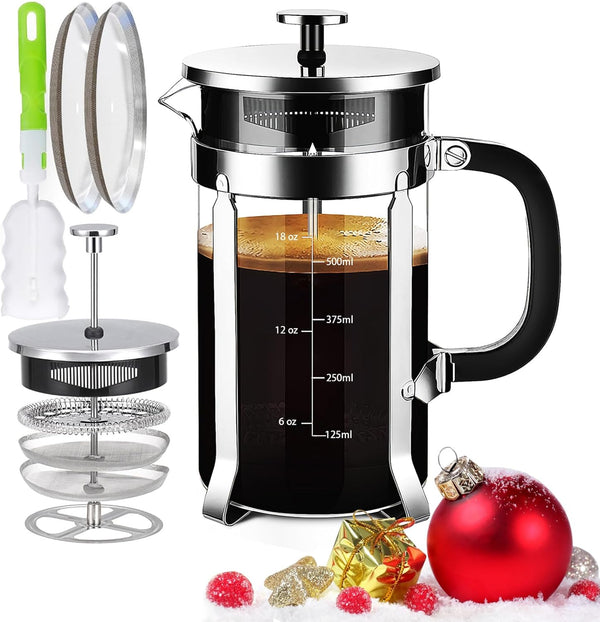 YMMIND French Press Coffee Maker 304 Stainless Steel Coffee Press,with 4 Filters System, Heat Resistant Thickness Borosilicate French Press Glass, BPA-Free Brewed Tea Pot Coffee Plunger