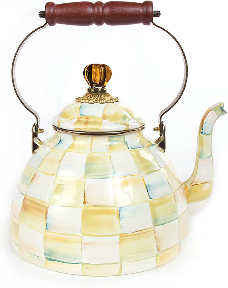 MacKenzie-Childs Sterling Check Enamel Tea Kettle, Decorative Tea Kettle, 2-Quart Capacity