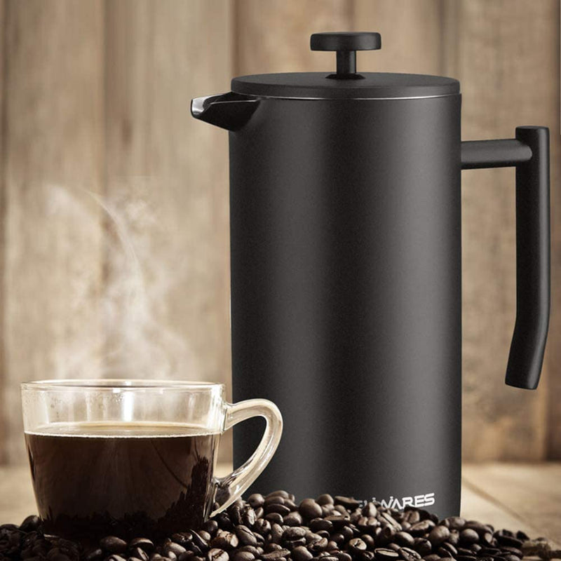 French Press Coffee Maker 50 Oz – Insulated Coffee Press Stainless Steel 304 Large – Double Wall & 4 Level Filtration System (1.5 Liter) – Black