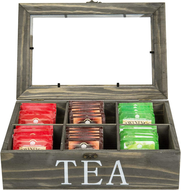 MyGift Solid Wood 6 Compartment Tea Bag Box Organizer in Vintage Gray Finish, Tea Bags and Condiment Packet Holder Storage Chest with Clear Lid with Latch