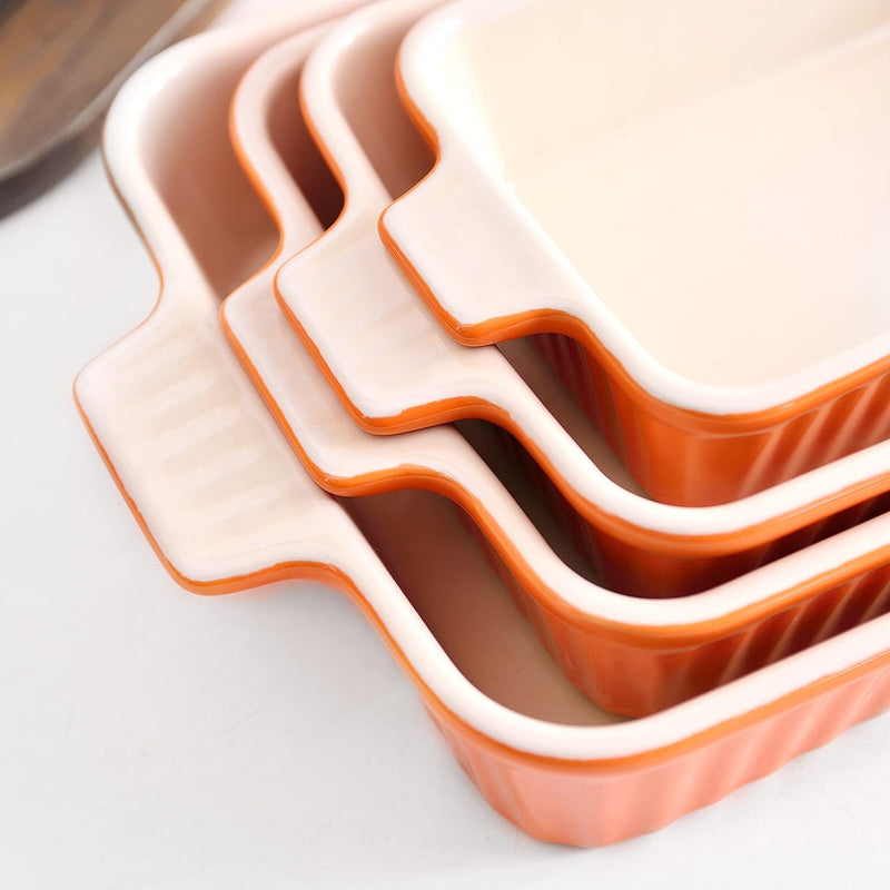 MALACASA Bakeware Set of 4, Porcelain Baking Pans Set for Oven, Casserole Dish, Ceramic Rectangular Baking Dish Lasagna Pans for Cooking Cake Kitchen, Orange(9.4"/11.1"/12.2"/14.7"), Series BAKE.BAKE