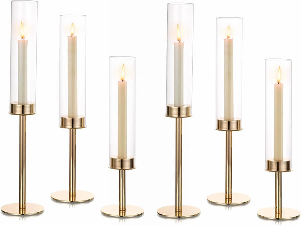 Hewory Gold Candle Holders Hurricane Candlestick Holders, 6Pcs Candle Stick Candle Holder Candelabra, Taper Candle Holders with Glass Candle Cover for Wedding Table Centerpiece Christmas Decor