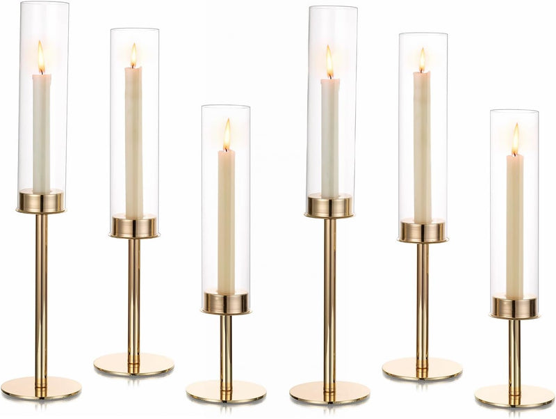 Hewory Gold Candle Holders Hurricane Candlestick Holders, 6Pcs Candle Stick Candle Holder Candelabra, Taper Candle Holders with Glass Candle Cover for Wedding Table Centerpiece Christmas Decor