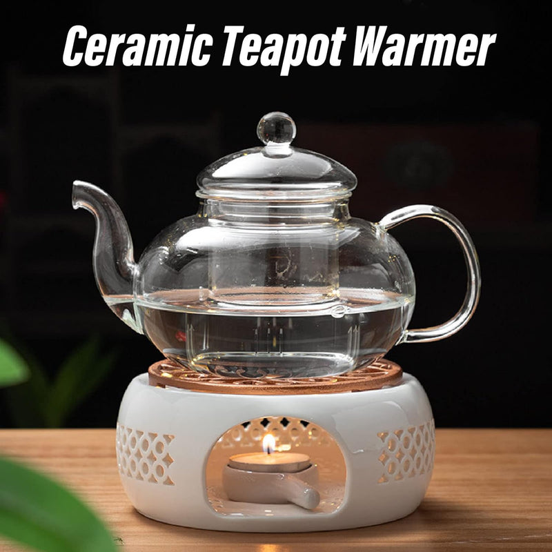 Teapot Warmer Ceramic, Tea Light Warmer, White Round Teapot Stove Heater Base with Spoon and Stove Mat, Porcelain Tealight Heater Tealight Heater Without Electricity for Glass