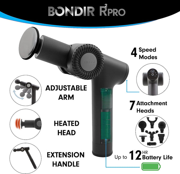 BONDIR R2 PRO+ Massage Gun - Articulating Deep Tissue Back Massager with Extension Handle and 7X Heads Including Heated Attachment