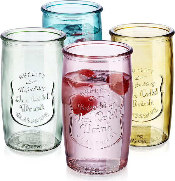 Glaver's Colored Glassware, Ice Cold Drinking Glasses Set of 4 – 18 Oz Vintage Glass Cups for Kitchen, Dining Table – Multi- Colors Glass Tumblers. Hand Wash.