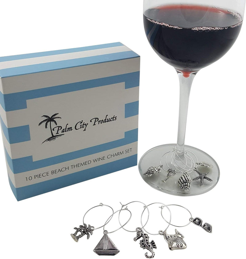 Palm City Products 10 Piece Beach Themed Wine Charm Set - Nautical Stemmed Wine Glass Charms