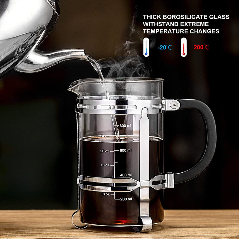 French Press Coffee Maker (34 oz) with 4 Filters - 304 Durable Stainless Steel,Heat Resistant Borosilicate Glass Coffee Press,BPA Free,Silver（include 1 cleaning brush,1spoon and 2 spare filter screen）