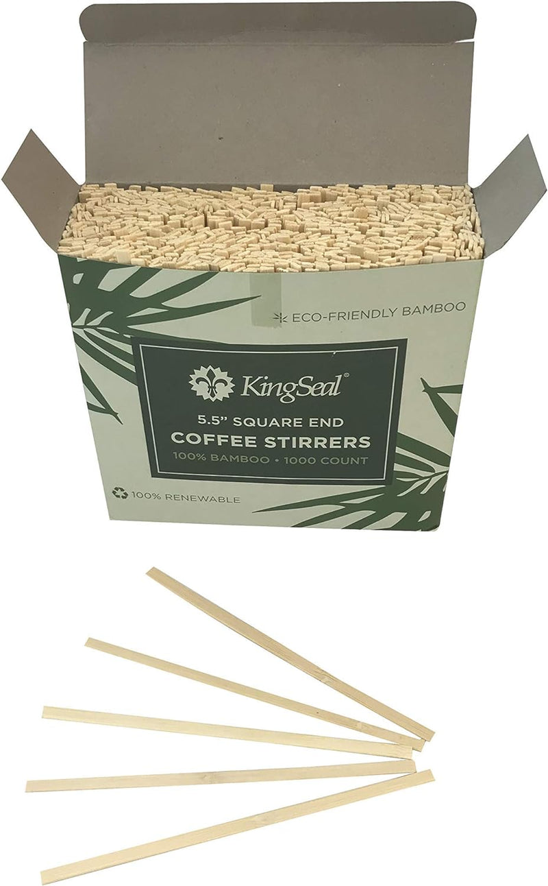 KingSeal Bamboo Coffee Stir Sticks, 5.5 inches, Square End, Stronger and Thicker Than Standard Wood, 100% Renewable and Biodegradable - 1 Box of 1000 Stirrers