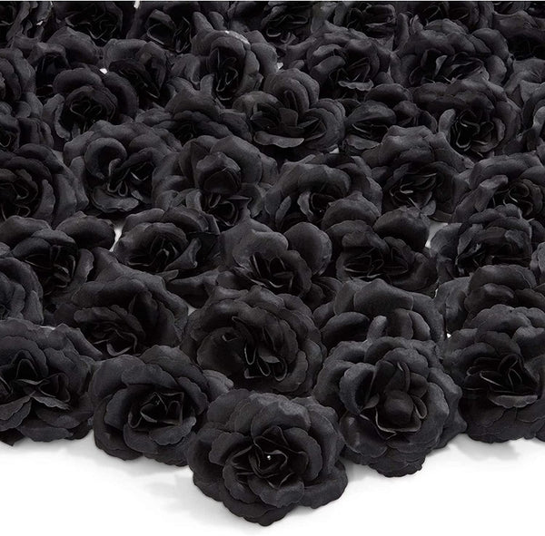 50 Pack Artificial Black Roses - 3 Inch Silk Flower Heads for Wedding Decorations Wall Art DIY Crafts
