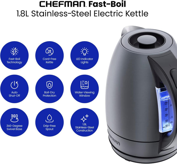 Chefman Electric Kettle, 1.8 Liter Stainless Steel Electric Tea Kettle Water Boiler with Automatic Shutoff, LED Lights, Boil-Dry Protection, Hot Water Electric Kettles for Boiling Water, Grey