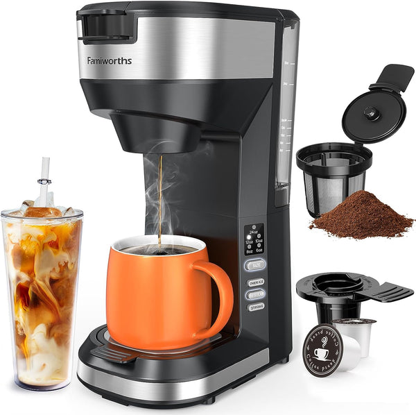 Famiworths Hot and Iced Coffee Maker for K Cups and Ground Coffee, 4-5 Cups Coffee Maker and Single-serve Brewers, with 30Oz Removable Water Reservoir, 6 to 24Oz Cup Size, Black