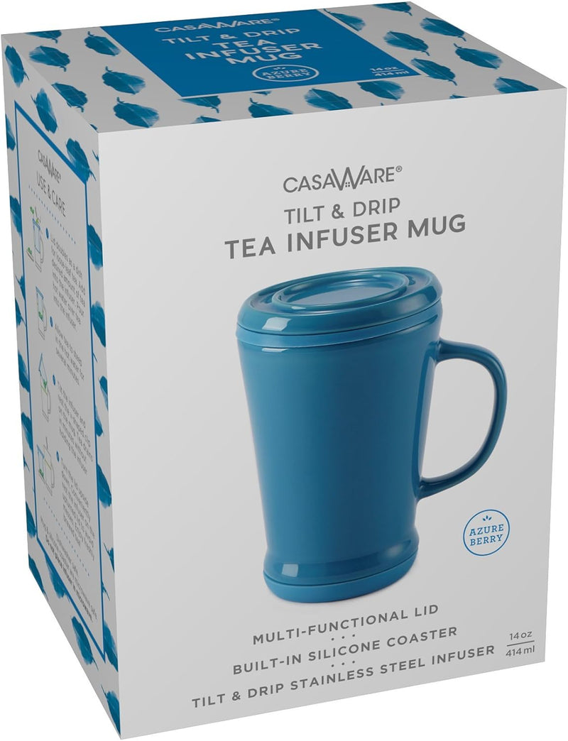 casaWare Tilt and Drip Tea Infuser Ceramic Mug, 14-Ounce (Azure Berry)