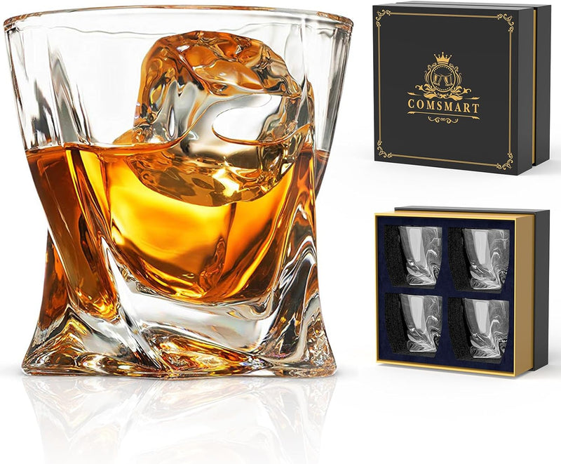 Comsmart Whiskey Glass Set of 4 with Luxury Box, 10 oz Crystal Old Fashioned Lowball Rocks Glasses, Gift for Men Drinking Scotch Bourbon Cocktail Liquor Vodka Malt Cognac