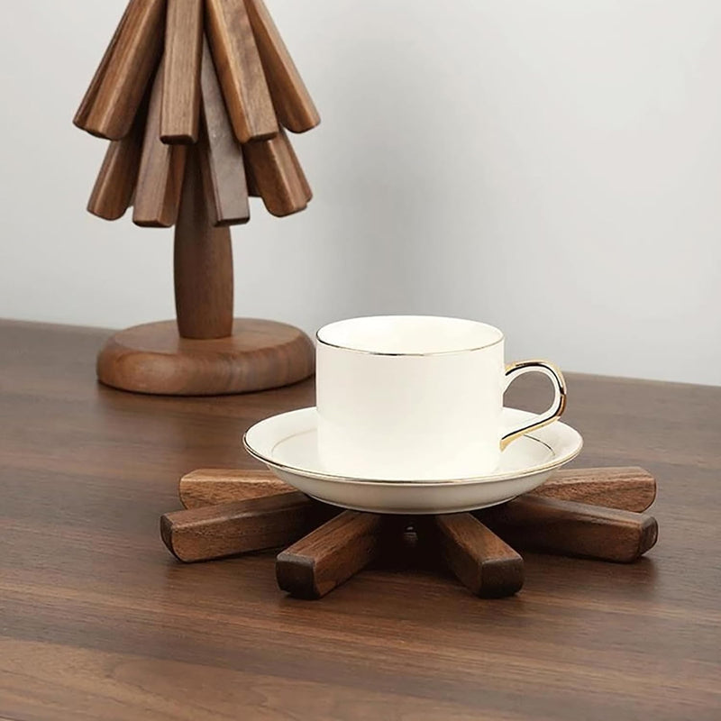 Christmas Coasters Wooden Trivets for Hot Dishes - Christmas Tree Shaped Trivet Mats - Foldable Placemats for Hot Pot/Bowl/Teapot Christmas Table Decoration (Walnut)