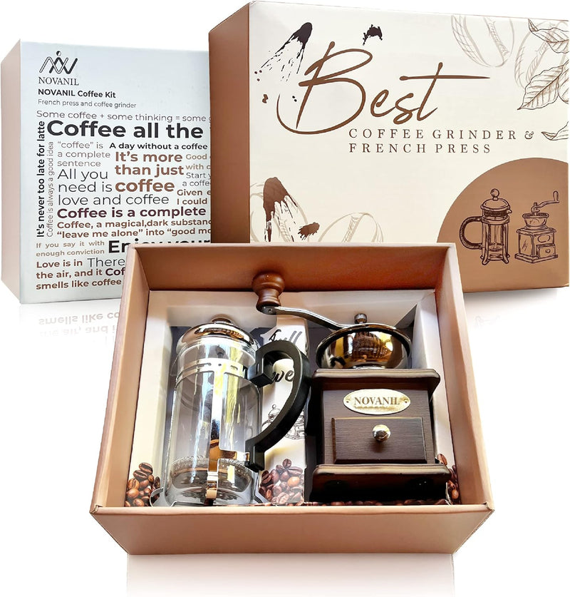 NOVANIL FRENCH COFFEE KIT, FRENCH PRESS & COFFEE GRINDER, COFFEE GIFT BOX, COFFEE SET, ANTIQUE STYLE COFFEE KIT, WOODEN MANUAL COFFEE GRINDER, HEAT-RESISTANT GLASS