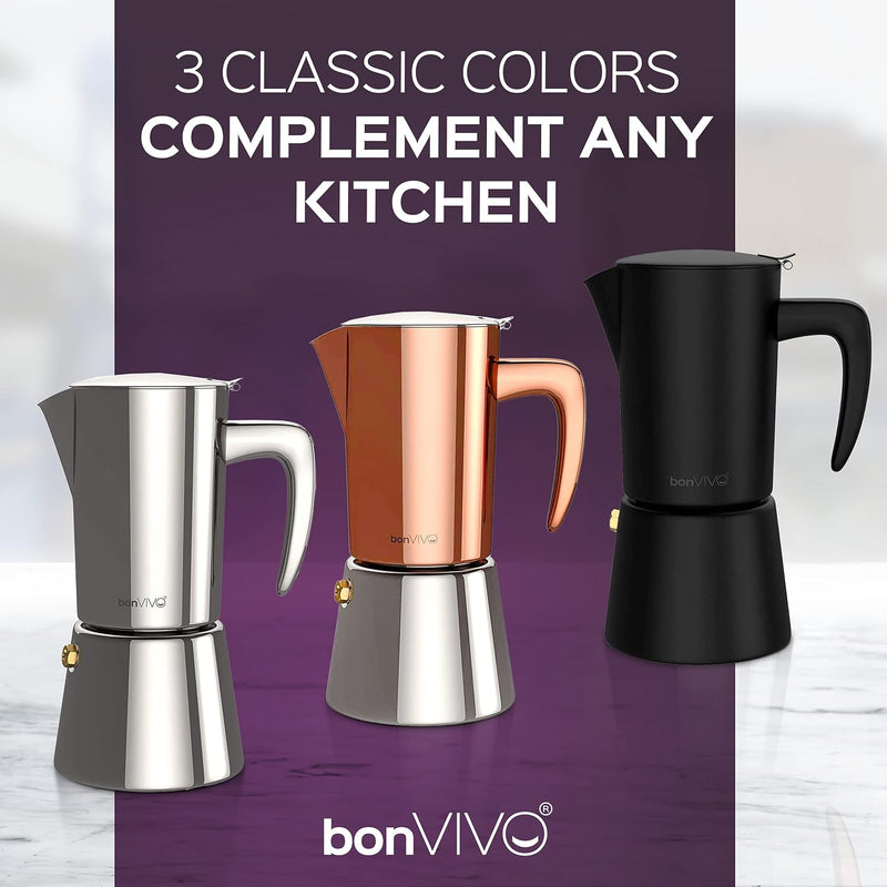 bonVIVO Intenca Stovetop Espresso Maker - Luxurious, Stainless Steel Italian Coffee Maker for Camping or Home Use - Makes 6 Cups of Full-Bodied Coffee - Copper, 10oz