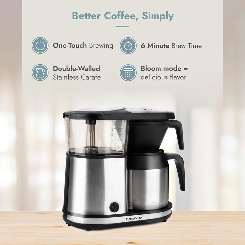 Bonavita 5 Cup Drip Coffee Maker Machine, One-Touch Pour Over Brewing w/Double Wall Thermal Carafe, SCA Certified, 1100 Watt, BPA Free, Dishwasher Safe, Stainless Steel, BV1500TS